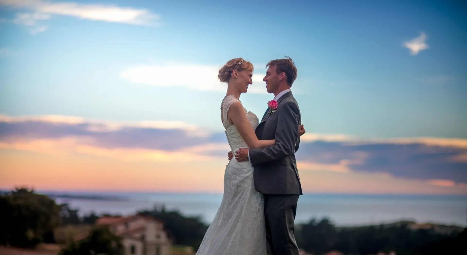 Bride and groom at sunset on the Palos Verdes coastline